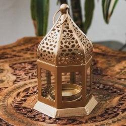 モロッコスタイル キャンドルランタン 吊り下げ/スタンド兼用【ロウソク風LEDキャンドル付き】 高さ:13.5cm 幅:8cm程度