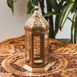 モロッコスタイル キャンドルランタン 吊り下げ/スタンド兼用【ロウソク風LEDキャンドル付き】 高さ:18cm 幅:7cm程度