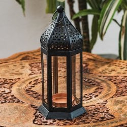 モロッコスタイル キャンドルランタン 吊り下げ/スタンド兼用【ロウソク風LEDキャンドル付き】 高さ:18cm 幅:7cm程度