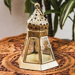 モロッコスタイル キャンドルランタン 吊り下げ/スタンド兼用【ロウソク風LEDキャンドル付き】 高さ:17cm 幅:10.5cm程度