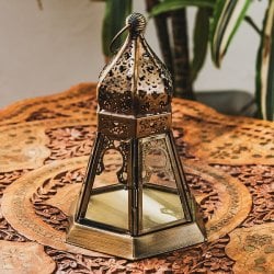 モロッコスタイル キャンドルランタン 吊り下げ/スタンド兼用【ロウソク風LEDキャンドル付き】 高さ:17cm 幅:10.5cm程度