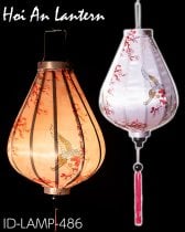 華やかな柄入り　ベトナム伝統のホイアン・ランタン〔提灯〕 - ティアドロップ〔鶴と梅の花模様〕(ID-LAMP-486)