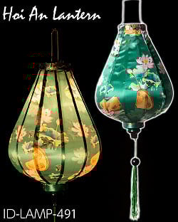 華やかな柄入り ベトナム伝統のホイアン・ランタン〔提灯〕 - ほおずき型〔ロータス模様緑〕