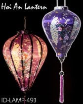 華やかな柄入り　ベトナム伝統のホイアン・ランタン〔提灯〕 - ティアドロップ〔孔雀と牡丹吉祥模様紫〕(ID-LAMP-493)