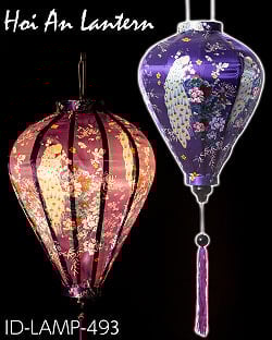 華やかな柄入り ベトナム伝統のホイアン・ランタン〔提灯〕 - ティアドロップ〔孔雀と牡丹吉祥模様紫〕