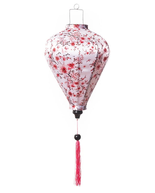 華やかな柄入り ベトナム伝統のホイアン・ランタン〔提灯〕 - ティアドロップ〔梅の花模様白〕 7 - 明るい場所での写真です