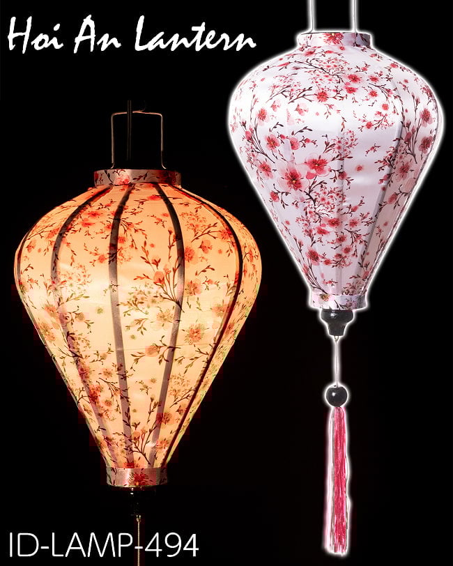華やかな柄入り ベトナム伝統のホイアン・ランタン〔提灯〕 - ティアドロップ〔梅の花模様白〕の写真