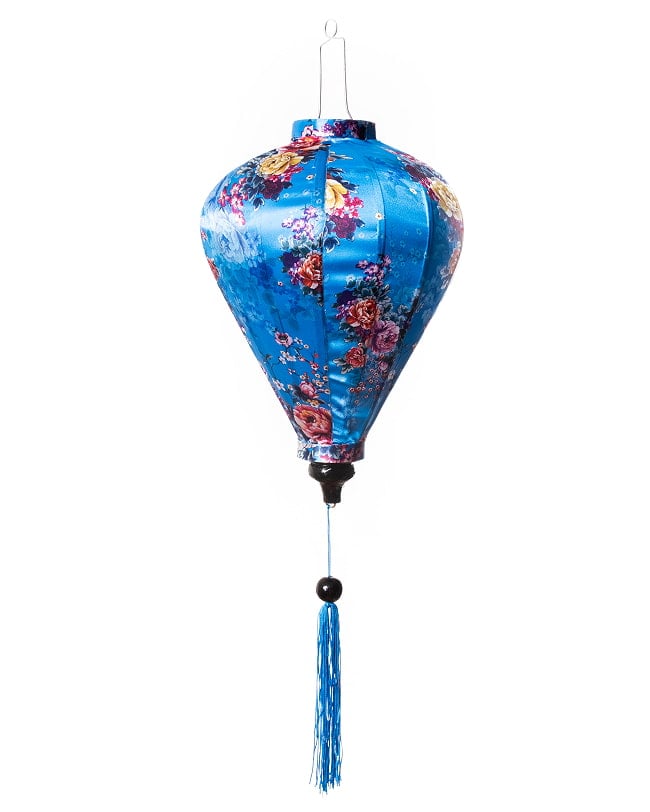 華やかな柄入り ベトナム伝統のホイアン・ランタン〔提灯〕 - ティアドロップ〔牡丹模様青〕 7 - 明るい場所での写真です