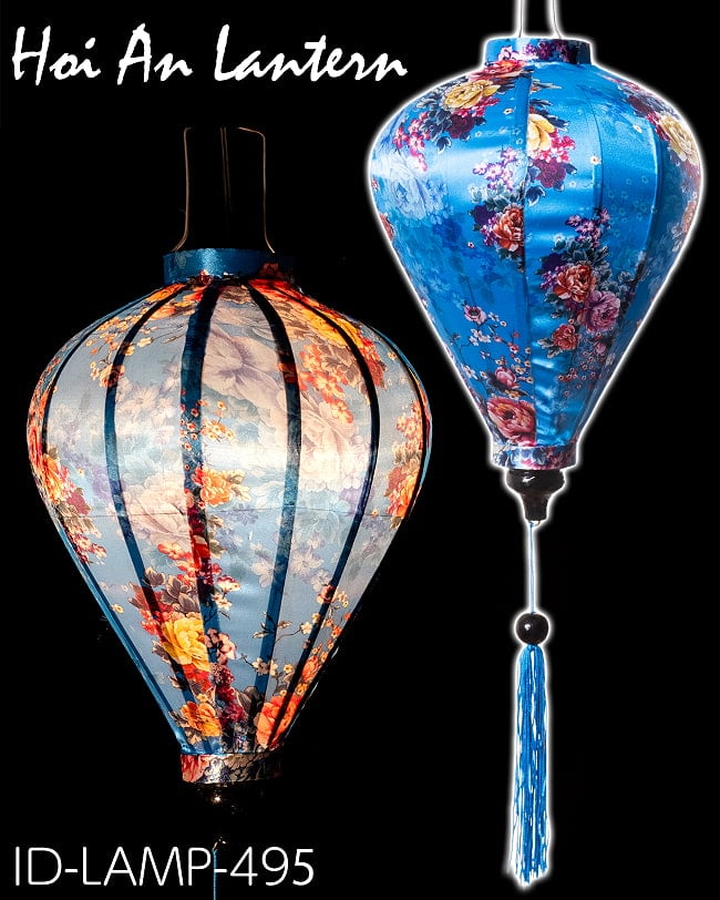 華やかな柄入り ベトナム伝統のホイアン・ランタン〔提灯〕 - ティアドロップ〔牡丹模様青〕の写真