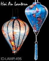 華やかな柄入り　ベトナム伝統のホイアン・ランタン〔提灯〕 - ティアドロップ〔牡丹模様青〕(ID-LAMP-495)