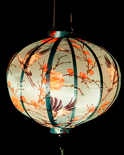 華やかな柄入り　ベトナム伝統のホイアン・ランタン(提灯) - 丸型〔鶴と牡丹吉祥模様緑〕 - サブ3