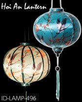 華やかな柄入り　ベトナム伝統のホイアン・ランタン(提灯) - 丸型〔鶴と牡丹吉祥模様緑〕(ID-LAMP-496)