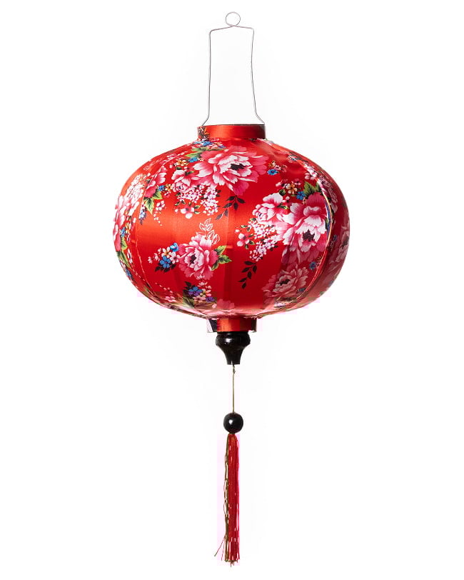 華やかな柄入り ベトナム伝統のホイアン・ランタン(提灯) - 丸型〔牡丹模様赤〕 7 - 明るい場所での写真です