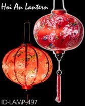 華やかな柄入り　ベトナム伝統のホイアン・ランタン(提灯) - 丸型〔牡丹模様赤〕(ID-LAMP-497)