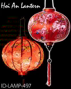 華やかな柄入り ベトナム伝統のホイアン・ランタン(提灯) - 丸型〔牡丹模様赤〕
