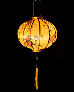 華やかな柄入り　ベトナム伝統のホイアン・ランタン(提灯) - 丸型〔椿模様黄色〕 - サブ2