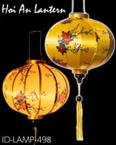 華やかな柄入り　ベトナム伝統のホイアン・ランタン(提灯) - 丸型〔椿模様黄色〕(ID-LAMP-498)