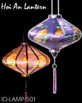 華やかな柄入り　ベトナム伝統のホイアン・ランタン(提灯) - 薄ひし形〔睡蓮とノンラー模様紫〕(ID-LAMP-501)