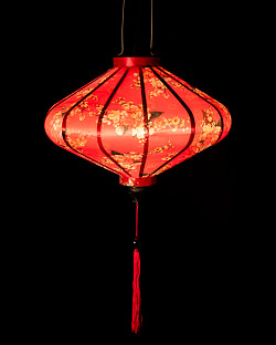 華やかな柄入り　ベトナム伝統のホイアン・ランタン(提灯) - 薄ひし形〔牡丹と小花模様赤〕 - サブ2