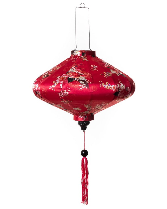 華やかな柄入り ベトナム伝統のホイアン・ランタン(提灯) - 薄ひし形〔牡丹と小花模様赤〕 7 - 明るい場所での写真です