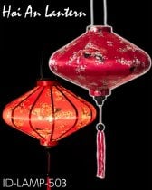 華やかな柄入り　ベトナム伝統のホイアン・ランタン(提灯) - 薄ひし形〔牡丹と小花模様赤〕(ID-LAMP-503)