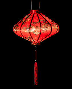 華やかな柄入り　ベトナム伝統のホイアン・ランタン(提灯) - 薄ひし形〔花鳥模様赤〕 - サブ2