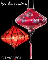 華やかな柄入り　ベトナム伝統のホイアン・ランタン(提灯) - 薄ひし形〔花鳥模様赤〕(ID-LAMP-504)