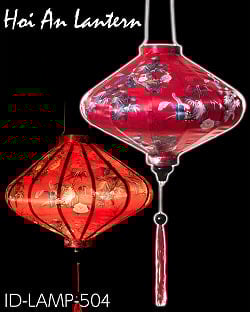 華やかな柄入り ベトナム伝統のホイアン・ランタン(提灯) - 薄ひし形〔花鳥模様赤〕