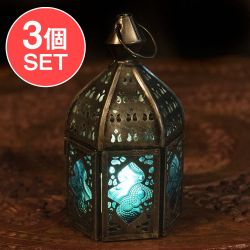 【3個セット】モロッコスタイルの透かし彫りLEDキャンドルランタン〔ロウソク風LEDキャンドル付き〕 - 〔ブルー〕約12.5×6.5cmの画像