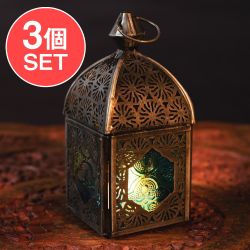 【3個セット】モロッコスタイルの透かし彫りLEDキャンドルランタン【ロウソク風LEDキャンドル付き】 - 〔ブルー〕約14cm×約6.5cmの画像