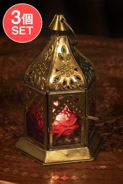 【3個セット】モロッコスタイルの透かし彫りLEDキャンドルランタン〔ロウソク風LEDキャンドル付き〕 - 〔レッド〕約15.5×9.5cmの画像