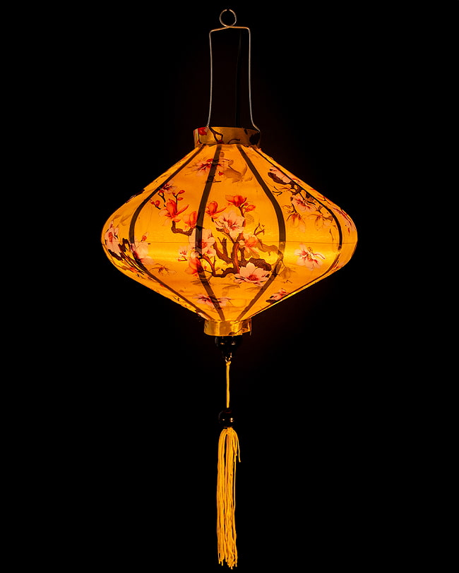 【5個セット】華やかな柄入り　ベトナム伝統のホイアン・ランタン(提灯) - 薄ひし形〔木蓮模様〕 3 - 点灯してみました。アジアンなムードたっぷりのランタンです。