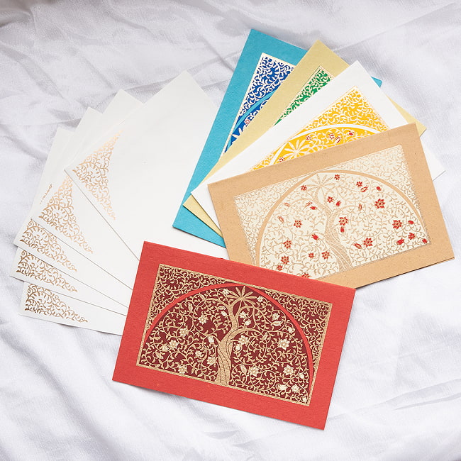 インドのメッセージカード＆封筒5組セット - UPAVANの写真1枚目です。インドの高級ステーショナリーブランド、Chimanlalsのレターセットです。独特のデザインと、美しい金色のペインティングが魅力です。インド 封筒,封筒,チマンラール,Chimanlals,レターセット,ステーショナリー,文房具