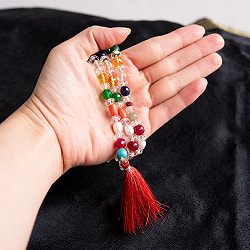 インドの数珠 - 天然石 ナヴァラトナ（9つの宝石）のネックレス 先端がフリンジ - 約32cm  - サブ5