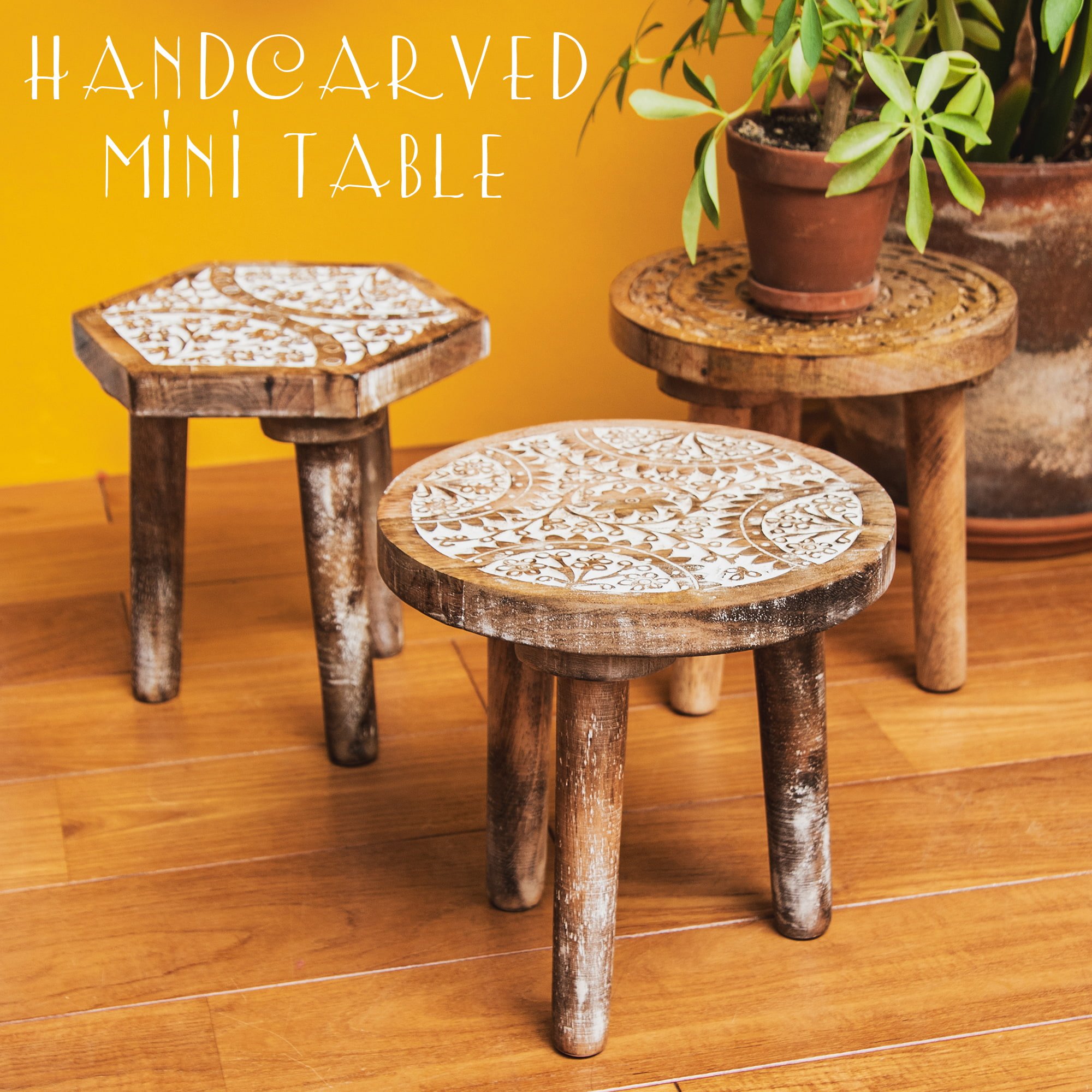 【全4種類】直径23cm　マンゴーウッドのマンダラ ミニテーブル プラントスタンド 1枚目の説明写真です