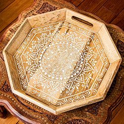 伝統の細密画 ウッドトレイ マンゴーウッド製 八角形 大 幅:38cm - サブ2
