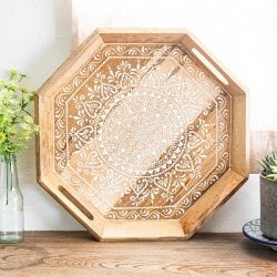[日替わりセール品]伝統の細密画 ウッドトレイ マンゴーウッド製 八角形 大 幅:38cm
