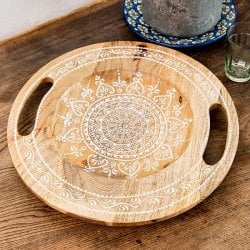 伝統の細密画 ウッドトレイ マンゴーウッド製 正円型 小 幅:30.5cm