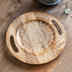 伝統の細密画 ウッドトレイ マンゴーウッド製 正円型 大 幅:36cm