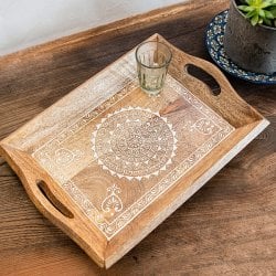 伝統の細密画 ウッドトレイ マンゴーウッド製 長方形 小 幅:36.5cm