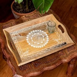 [日替わりセール品]伝統の細密画 ウッドトレイ マンゴーウッド製 長方形 大 幅:42cm