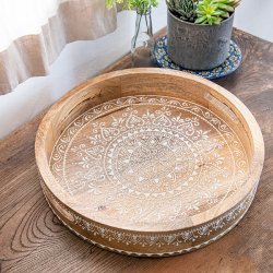 伝統の細密画 ウッドトレイ マンゴーウッド製 ラウンド 中サイズ 幅:35.5cm