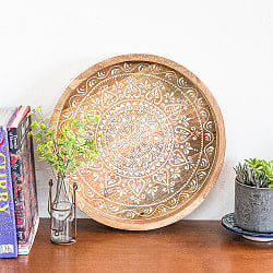 伝統の細密画 ウッドトレイ マンゴーウッド製 ラウンド 大 幅:40.5cm - サブ3