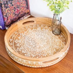 伝統の細密画 ウッドトレイ マンゴーウッド製 ラウンド 大 幅:40.5cm