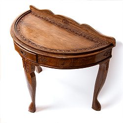 【1点もの】カシミールの細密彫刻 ハーフラウンドテーブル  ウォールナット製 横幅102cm程度 - サブ2