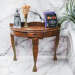 【1点もの】カシミールの細密彫刻 ハーフラウンドテーブル  ウォールナット製 横幅102cm程度 - サブ3