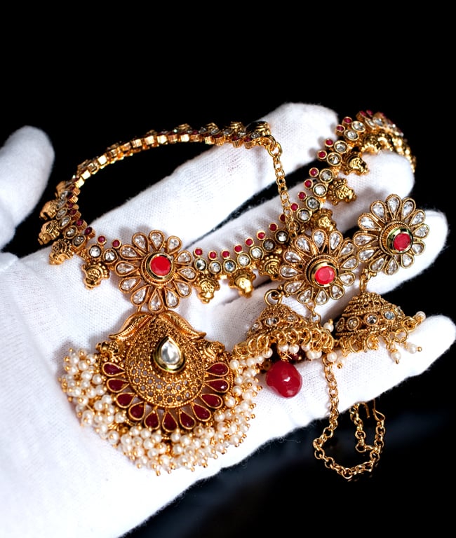 インド伝統アクセサリー クンダンネックレス&ピアスセット 8 - サイズ感はこのくらいです