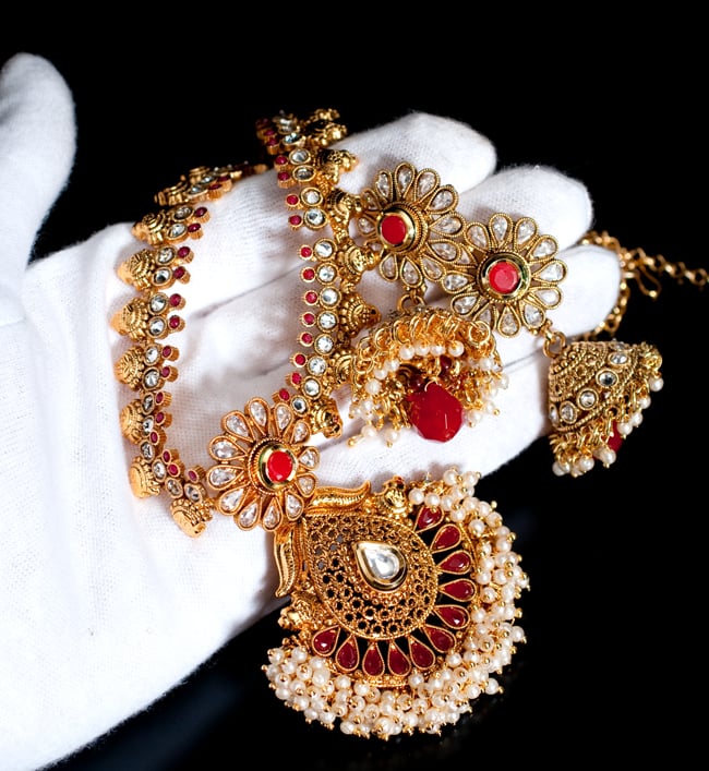 インド伝統アクセサリー クンダンネックレス&ピアスセット 8 - サイズ感はこのくらいです