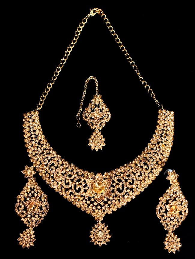 豪華インドアクセサリー 3点セット ピアス、ネックレス、ティカ インドアクセサリー3点セット〔ネックレス、ピアス、ティッカ