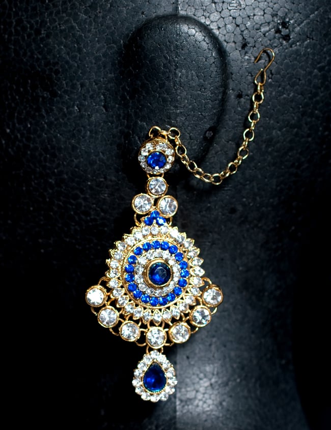 ゴージャスインドアクセサリー3点セット〔ネックレス、ピアス、ティッカ〕 - 青 5 - ピアスの写真です
